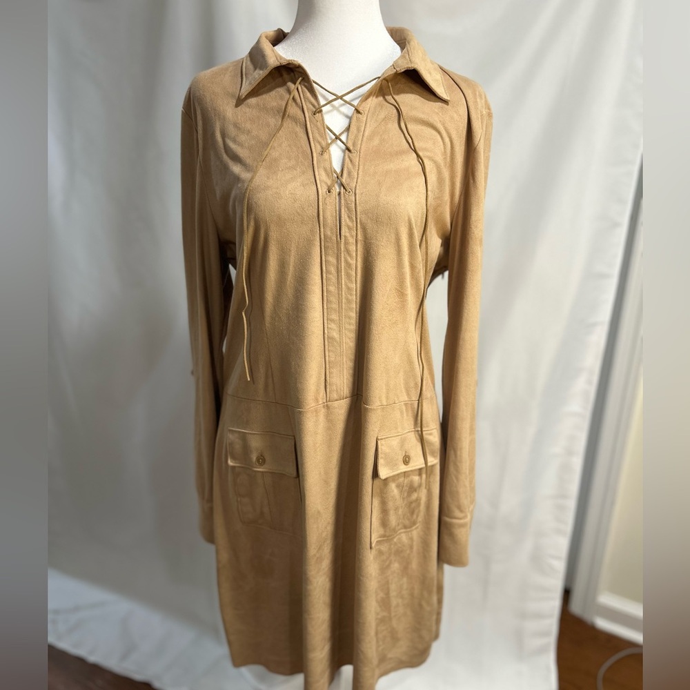 NWOT KENNETH COLE faux suede dress in tan with long sleeves in Large